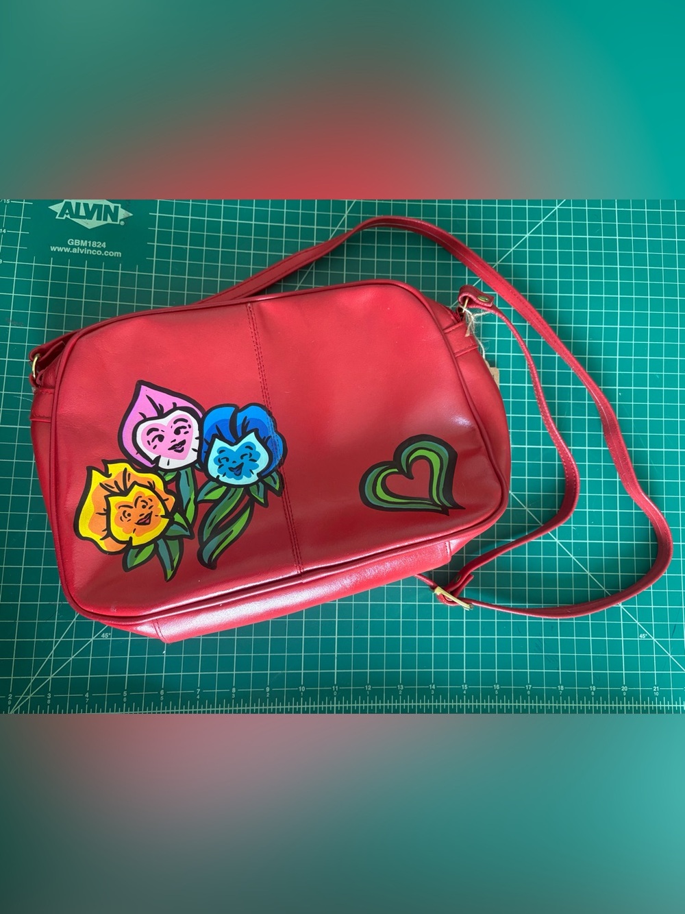 Red Hand Painted Alice in Wonderland Flowers Crossbody Bag